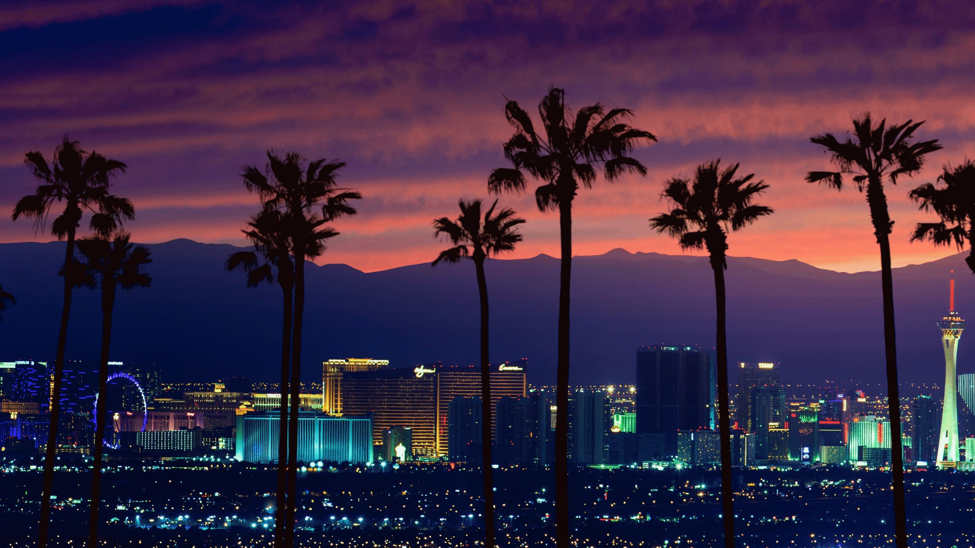 The Las Vegas Strip lit at dusk, seen across the valley through a stand of palms